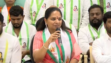 BRS MLC and Telangana Jagruti president K Kavitha addressing a press conference in Hyderabad on Monday