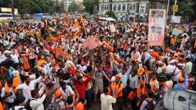 Maratha community members celebrate after the state government accepted most of activist Manoj Jarange Patil's demands, including granting eligible Marathas Kunbi caste certificates which will make them eligible for reservation benefits available to OBCs in Mumbai on Tuesday (PTI Photo)