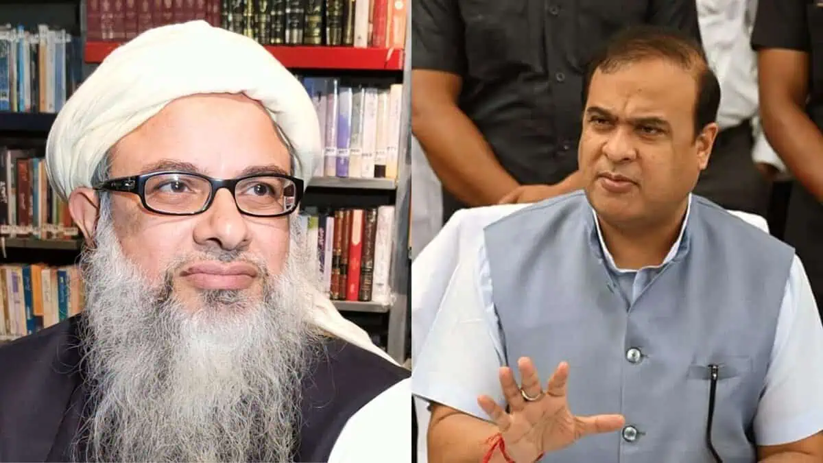 Jamiat Ulema-e-Hind president Mehmood Asad Madani (left) and Assam chief minister Himanta Biswa Sarma (right)
