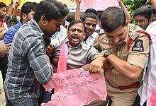 A member of the BRSV is detained amid a protest in Hyderabad
