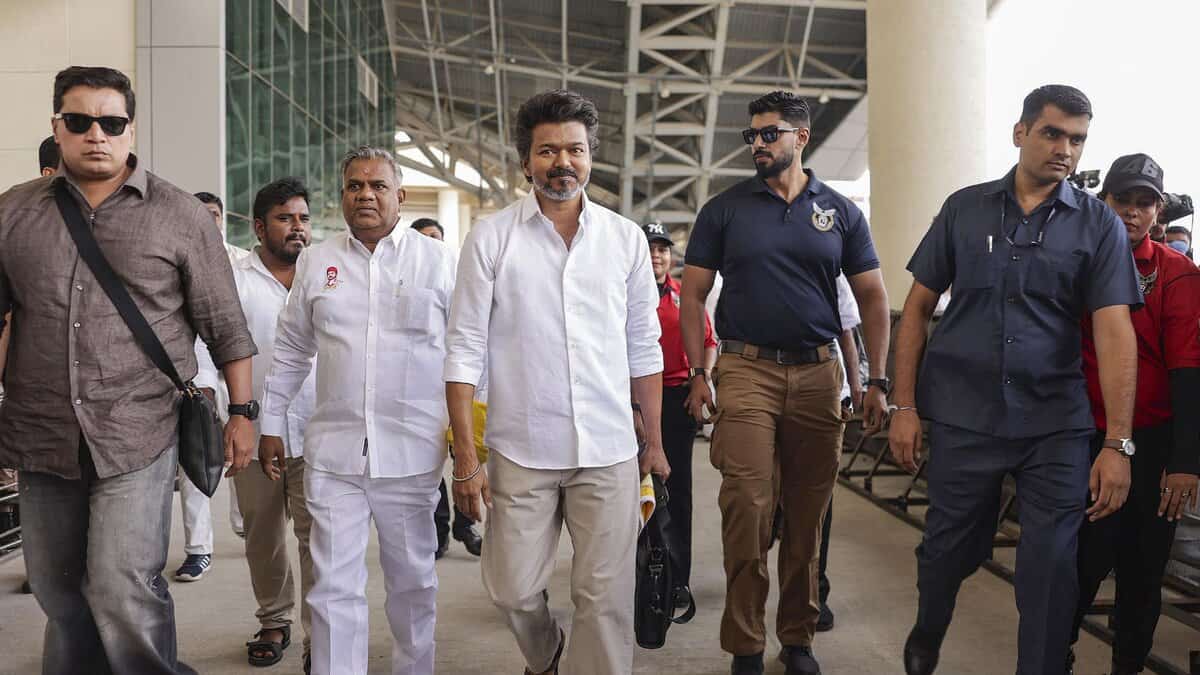 Actor-politician and Tamilaga Vettri Kazhagam (TVK) founder, Vijay in Tiruchirappalli on Saturday (PTI)