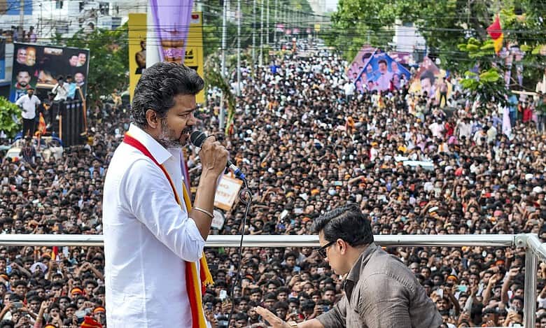 Tamilaga Vettri Kazhagam (TVK) chief Vijay in Tiruchirapalli district on Saturday (PTI Photo)