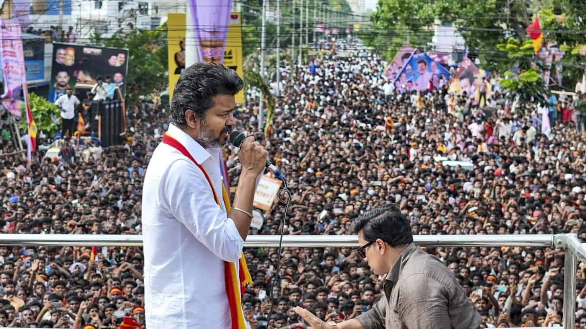 Tamilaga Vettri Kazhagam (TVK) chief Vijay in Tiruchirapalli district on Saturday (PTI Photo)
