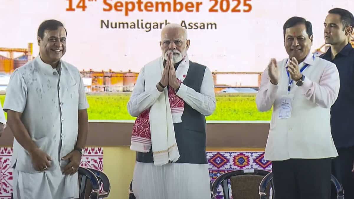 Prime Minister Narendra Modi addresses a gathering during laying of foundation stone and inauguration of development works in Assam. (PMO via PTI Photo)