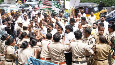 Telangana Jagruthi activist protest at the TGPSC office in Hyderabad