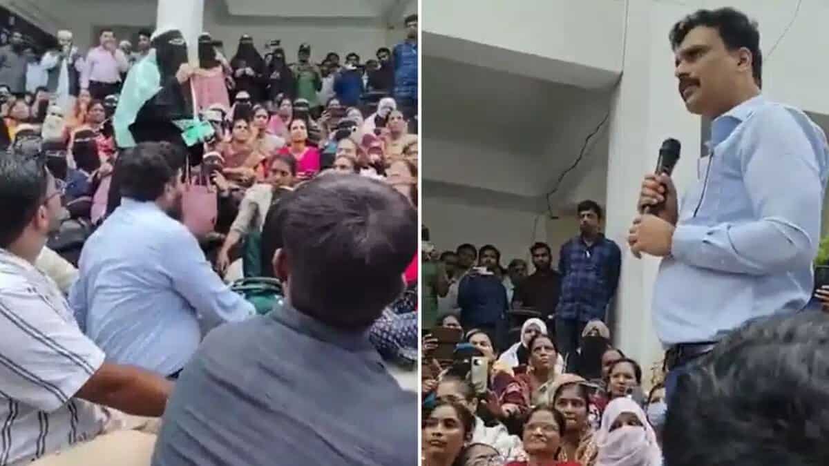 Teachers protesting in front of the TMREIS head office in Nampally