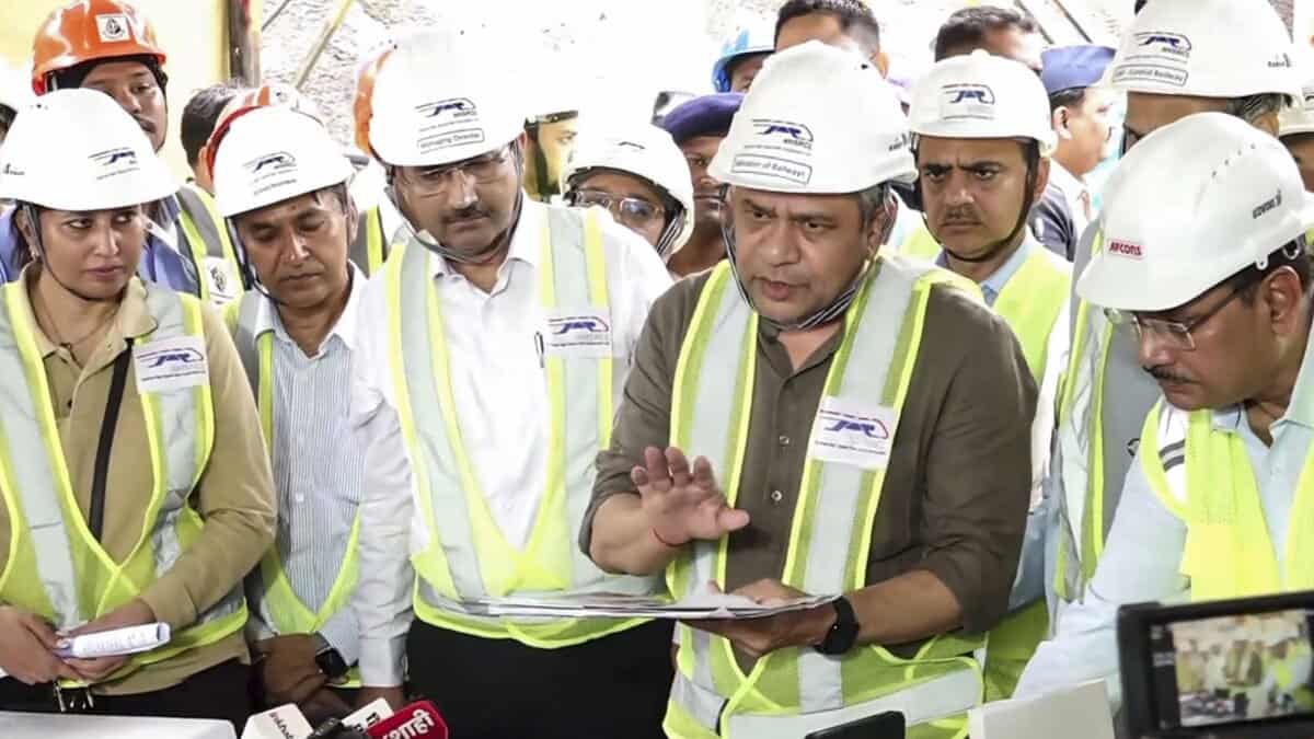 Railways Minister Ashwini Vaishnaw addresses the media during inspection of Mumbai-Ahmedabad high speed rail project work in Mumbai on Saturday. (PTI Photo)