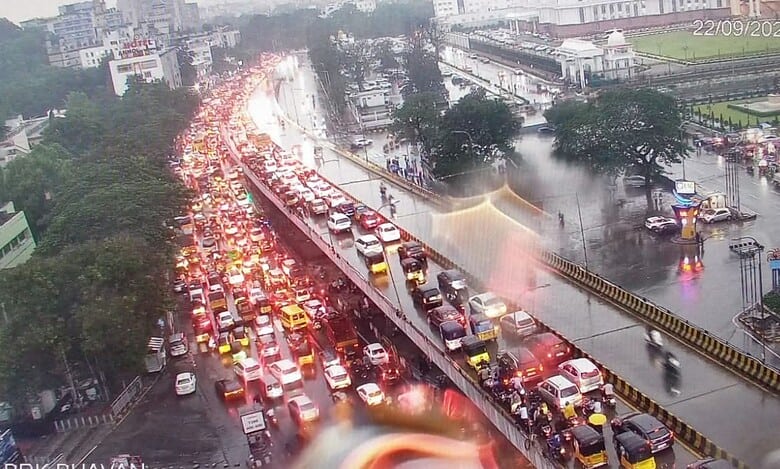 Heavy traffic was witnessed at several places in Hyderabad due to intense rains