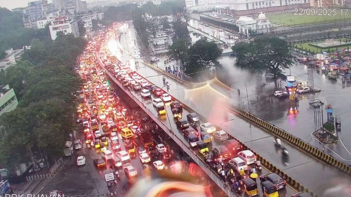 Heavy traffic was witnessed at several places in Hyderabad due to intense rains