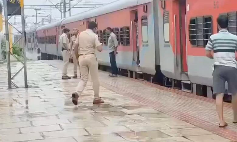 Police search the train in Ghatkesar for suspected terrorists