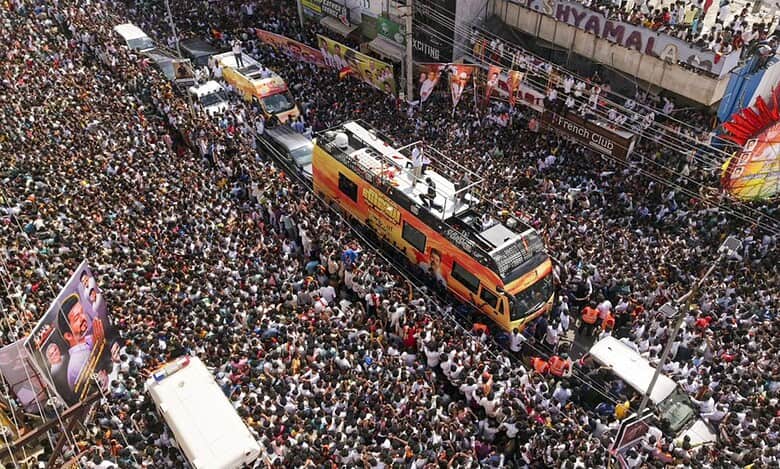 Tamilaga Vettri Kazhagam (TVK) President and actor Vijay addresses a rally, in Namakkal district in Tamil Nadu on Saturday. (PTI Photo)