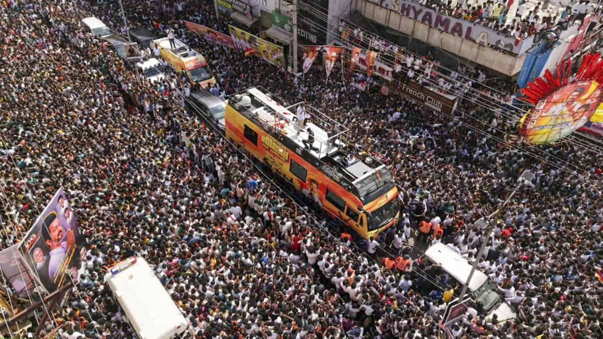 Tamilaga Vettri Kazhagam (TVK) President and actor Vijay addresses a rally, in Namakkal district in Tamil Nadu on Saturday. (PTI Photo)
