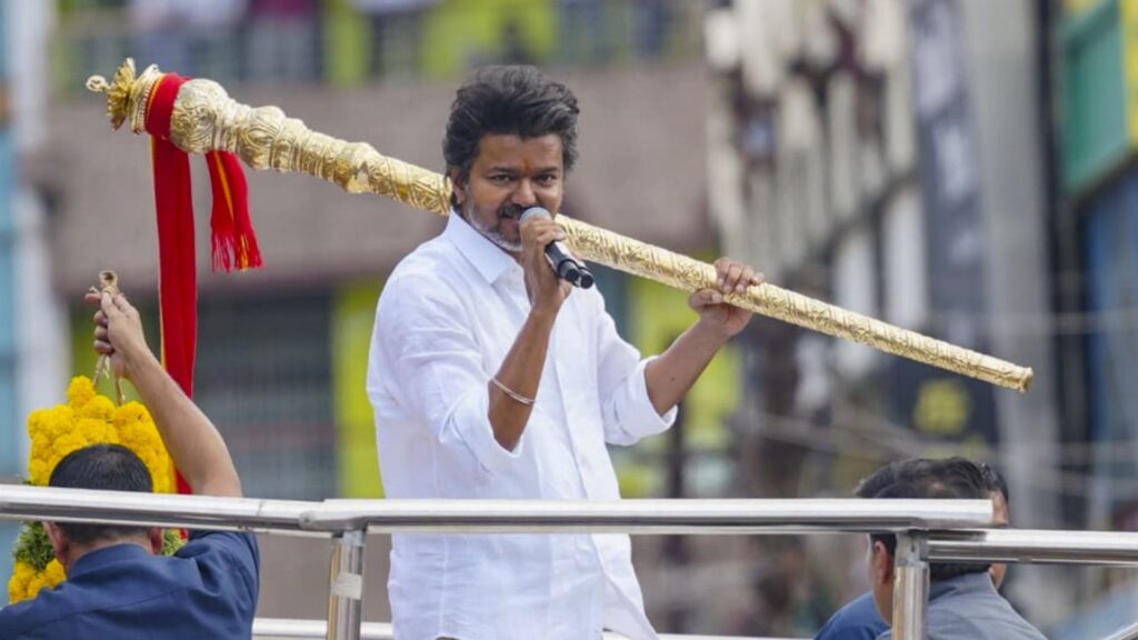 Actor and Tamilaga Vetri Kazhagam (TVK) Founder Vijay addresses a public rally, in Namakkal district in Tamil Nadu on Saturday. (PTI Photo)