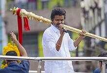 Actor and Tamilaga Vetri Kazhagam (TVK) Founder Vijay addresses a public rally, in Namakkal district in Tamil Nadu on Saturday. (PTI Photo)