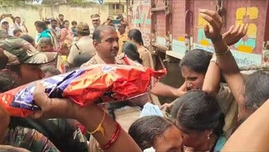 The image shows women farmers giving the police a tough time during the urea distribution at Mahabubabad PACS on Saturday, September 6, 2025.