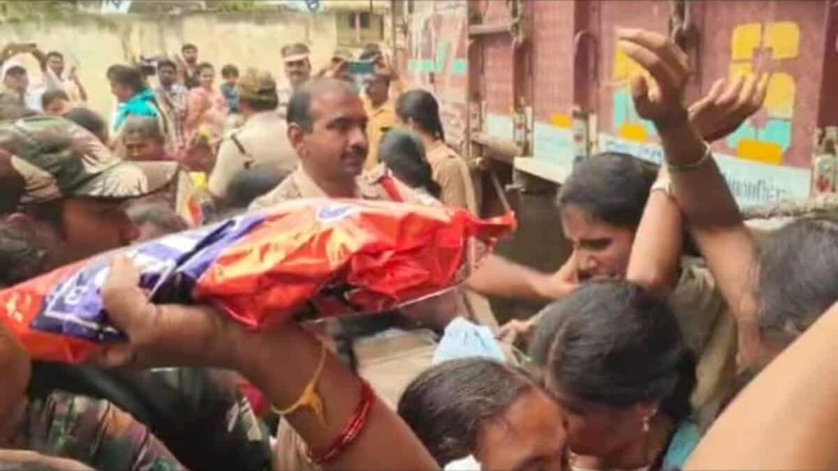 The image shows women farmers giving the police a tough time during the urea distribution at Mahabubabad PACS on Saturday, September 6, 2025.