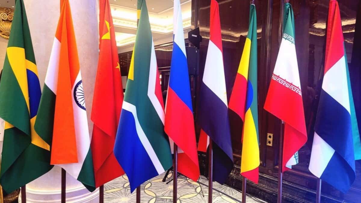 Flags of BRICS member states displayed together