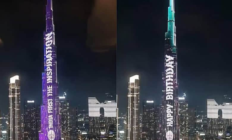 Burj Khalifa illuminated in vibrant colours with “India First the Inspiration” and “Happy Birthday” messages for Indian Prime Minister Narendra Modi’s 75th birthday celebration in Dubai.
