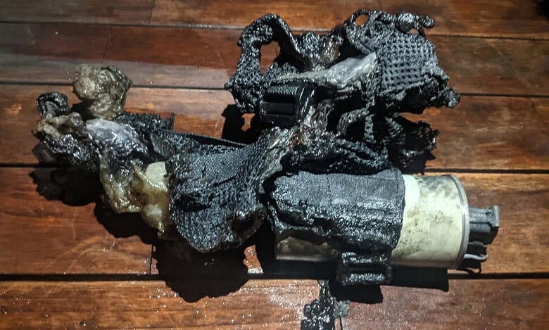 Charred debris allegedly from explosive device used in suspected drone attack on Gaza-bound aid flotilla vessel Alma.