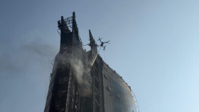 Drone extinguishing fire on high-rise building in Dubai’s Al Barsha.