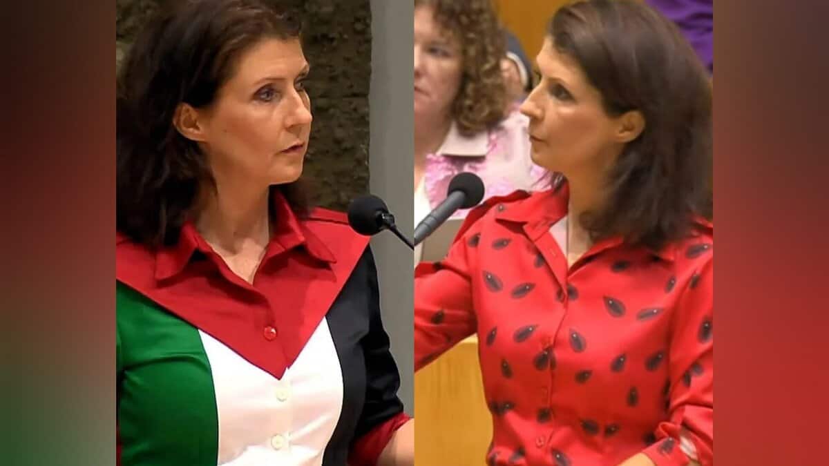 Dutch MP wearing a Palestinian flag–coloured blouse speaks at parliament, later returning in a red watermelon-patterned top