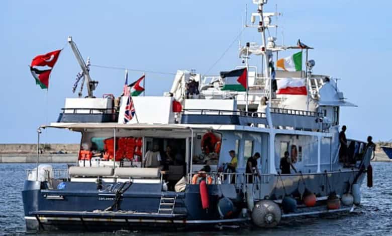 Activist boat with international flags departs Tunisia’s Bizerte port for Gaza flotilla on September 14, 2025.