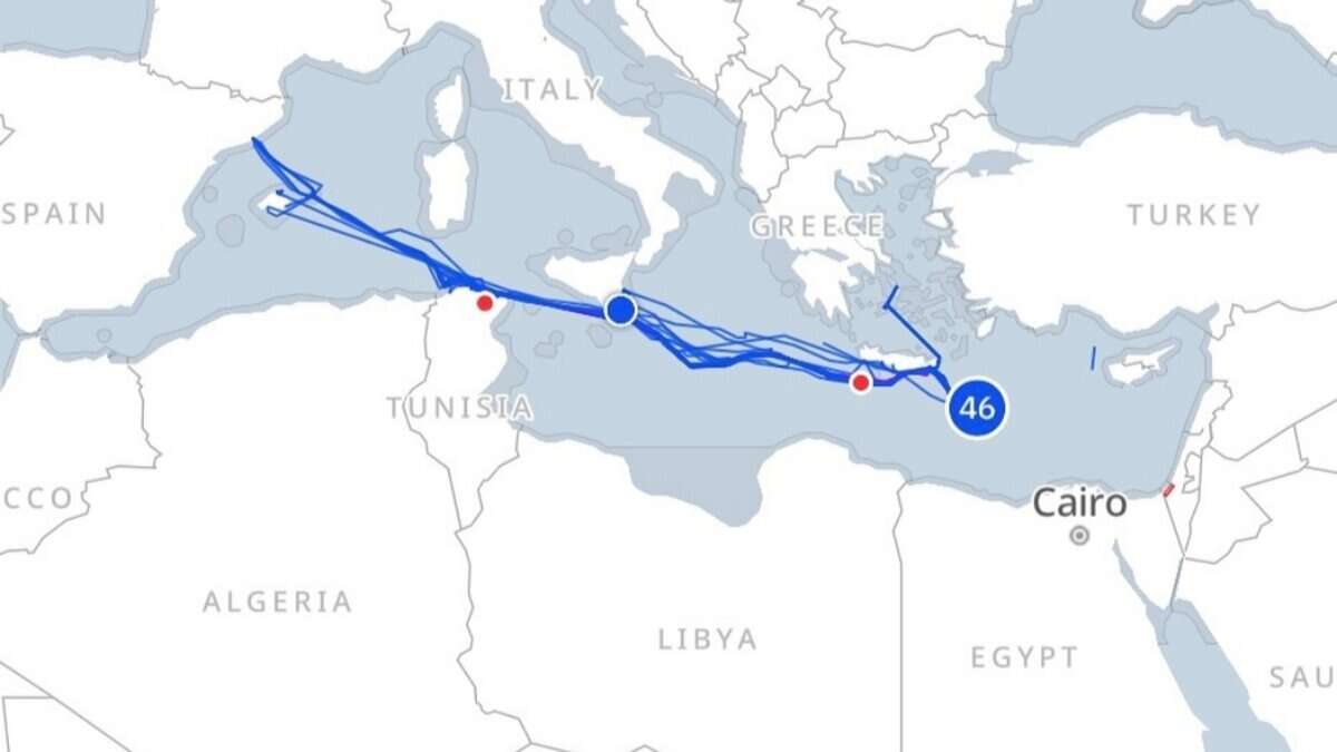 Map showing the route of the wear the peace and global sumud flotilla from London to Cairo, marked with a blue line across Europe and the Mediterranean.