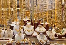 Gold jewelry displayed in a shop window at Dubai’s Gold Souk in Deira.