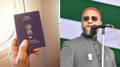 An image of an Indian Passport and Asaduddin Owaisi