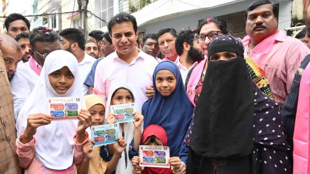 KTR distributes 'Congress debt cards' in Shaikpet ahead of Jubilee Hills bypolls