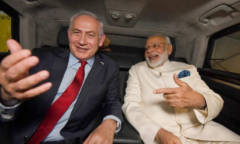 Indian Prime Minister Narendra Modi and Israeli Prime Minister Benjamin Netanyahu sharing a light moment in a car during Modi's visit to Israel, July 2017.