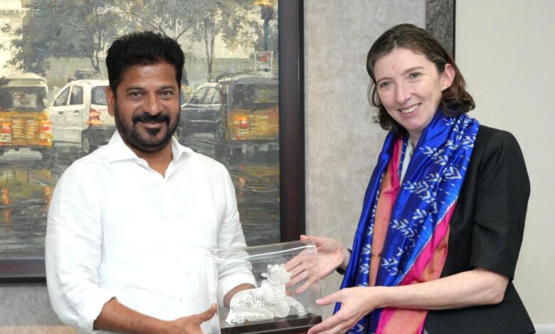 Telangana CM Revanth Reddy with British High Commissioner Lindy Cameron.