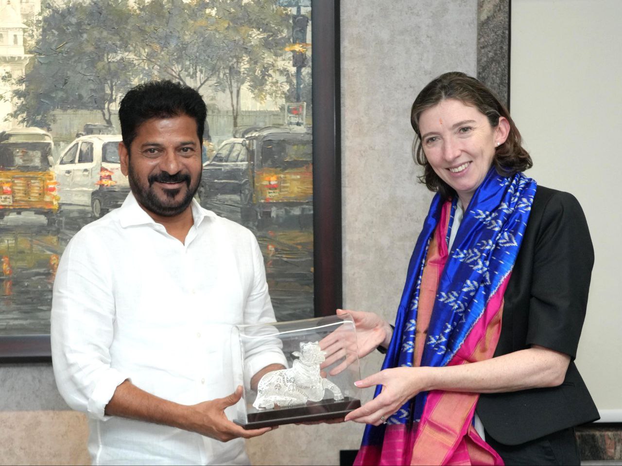 Telangana CM Revanth Reddy with British High Commissioner Lindy Cameron.