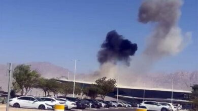 Thick black smoke rises over Ramon Airport in southern Israel after a drone explosion on September 7, 2025.