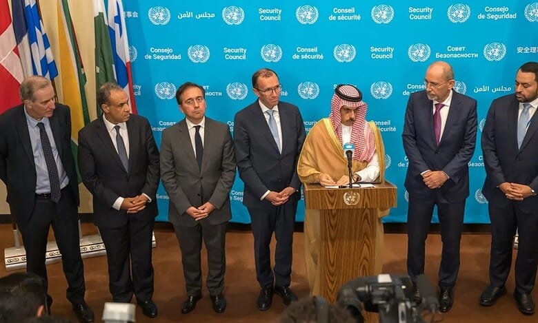 Saudi Foreign Minister speaks at a UN press conference in New York alongside Arab and European counterparts.