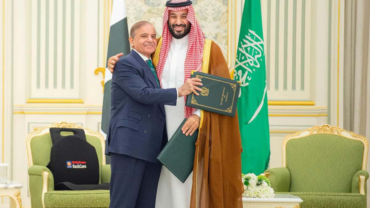 Saudi Crown Prince Mohammed bin Salman hugs Pakistan PM Shehbaz Sharif after signing defence deal in Riyadh on September 17.