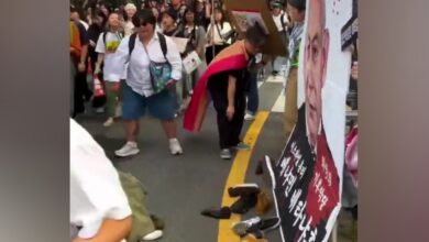 Protesters in Seoul throw shoes at a large poster of Israeli Prime Minister Benjamin Netanyahu during a street demonstration.