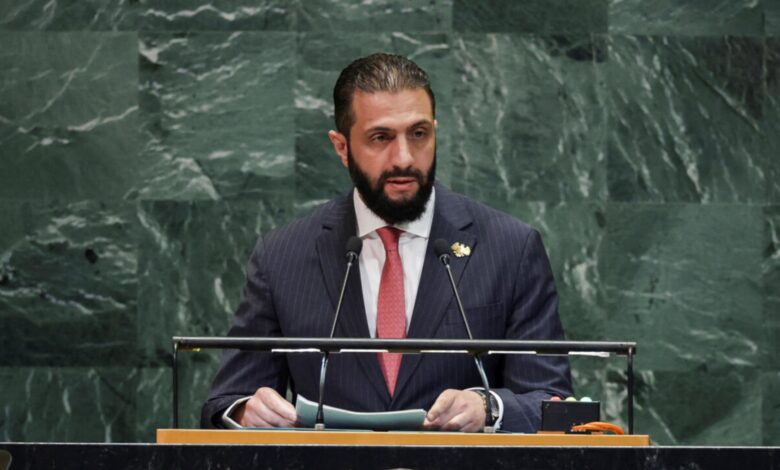 Syrian President Ahmed al-Sharaa delivers a speech at the 80th United Nations General Assembly in New York on September 24, 2025.