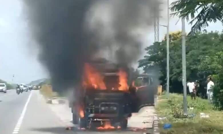 Truck carrying paper catches fire in Telangana's Choutuppal