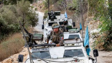 Armoured vehicles of the United Nations Interim Force in Lebanon (UNIFIL) positioned at a site once held by Hizbullah in the Khraibeh Valley, south Lebanon.
