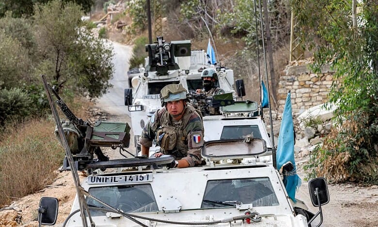 Armoured vehicles of the United Nations Interim Force in Lebanon (UNIFIL) positioned at a site once held by Hizbullah in the Khraibeh Valley, south Lebanon.