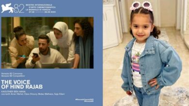 Poster of The Voice of Hind Rajab at Venice Film Festival alongside photo of six-year-old Hind Rajab.