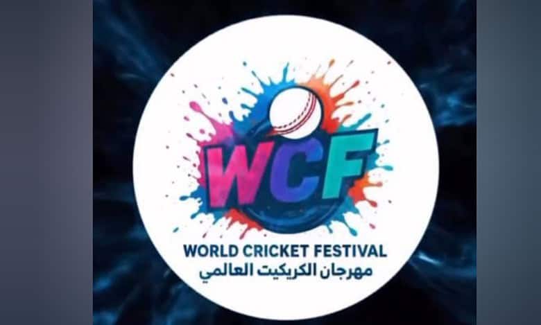 A circular logo for the World Cricket Festival featuring a cricket ball and colourful splashes, with text in English and Arabic.