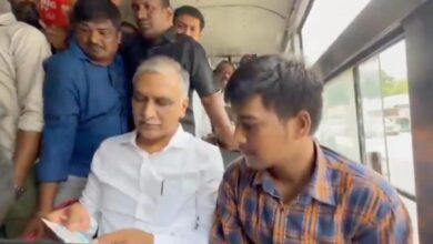 Harish Rao heads to Bus Bhavan in a TGSRTC bus