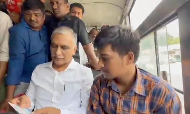 Harish Rao heads to Bus Bhavan in a TGSRTC bus