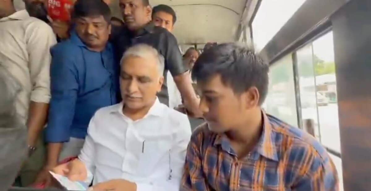 Harish Rao heads to Bus Bhavan in a TGSRTC bus