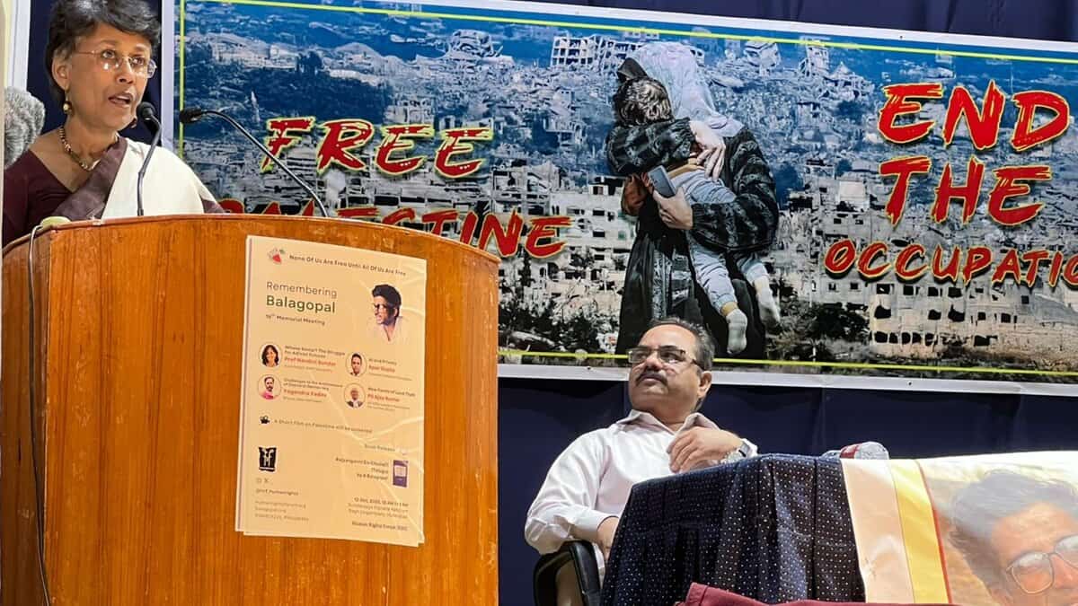 The image shows Delhi University Professor Nandini Sundar speaking about the situation in Bastar region of Chhattisgarh, at the 16th Balagopal Memorial Meet held at Sundarayya Vignana Kendram in Hyderabad on Sunday, October 12, 2025.