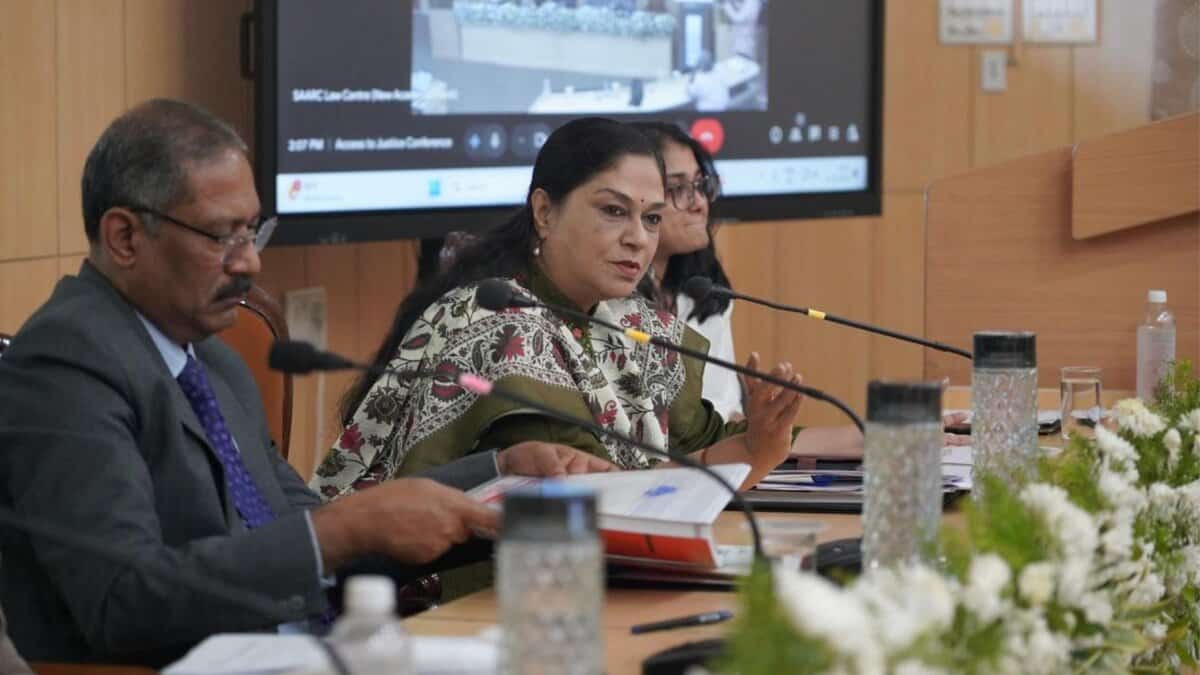 The image shows Telangana prisons and correctional services director general Dr Soumya Mishra addressing a conference in Hyderabad on Saturday, October 11, 2025.
