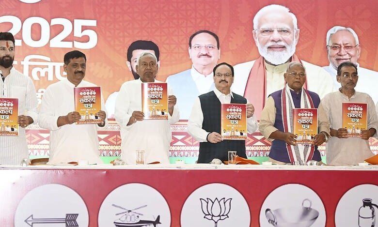 BJP National President and Union Minister JP Nadda with Union Ministers Chirag Paswan and Jitan Ram Manjhi, Bihar Chief Minister Nitish Kumar and JDU National Working President Sanjay Jha releases the National Democratic Alliance's (NDA) manifesto for the upcoming Bihar Assembly elections, in Patna, Friday, Oct. 31, 2025. (PTI Photo)