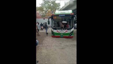 An RTC bus is stuck in a pothole in Hyderabad